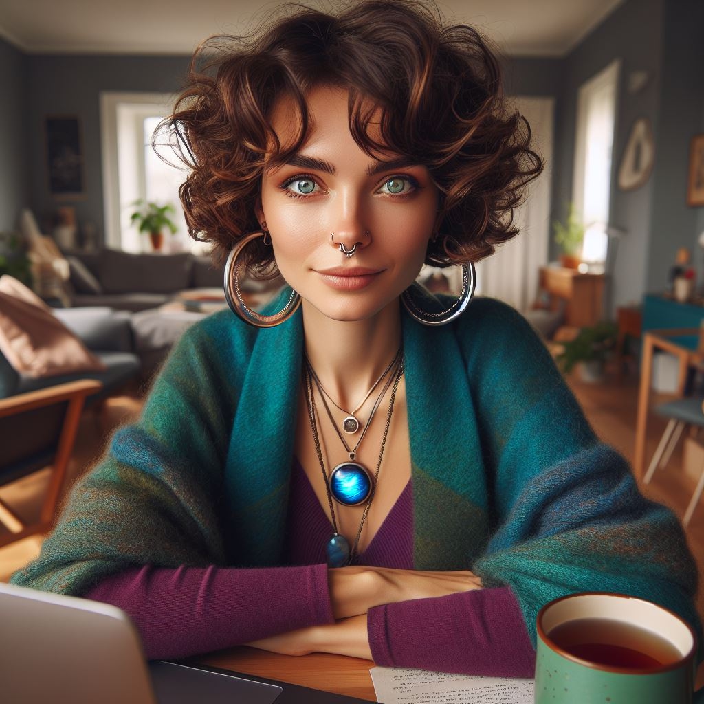 A female sitting with arms crossed at a desk.