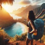 a girl with a backpack overlooking a valley in Hawaii