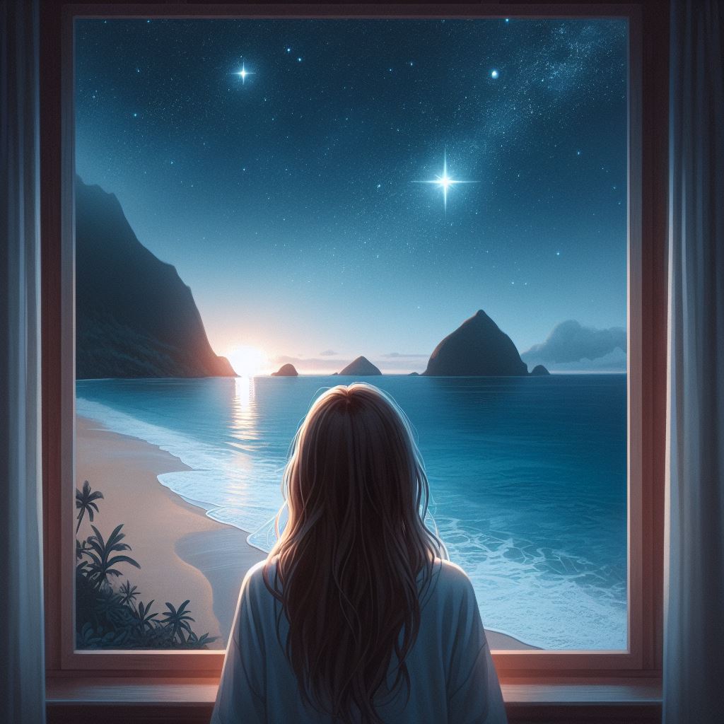 a girl looking out a window wishing on a star