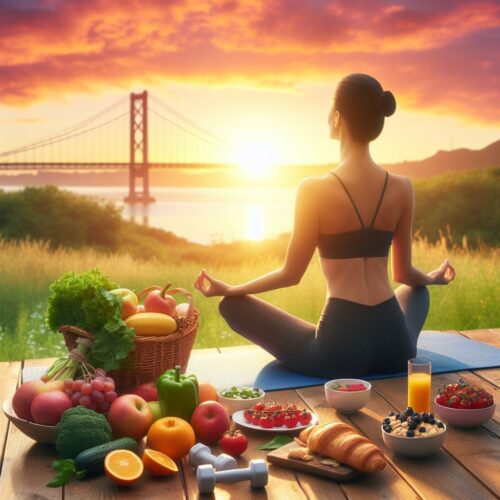 girl meditating at sun set with healthy food beside her