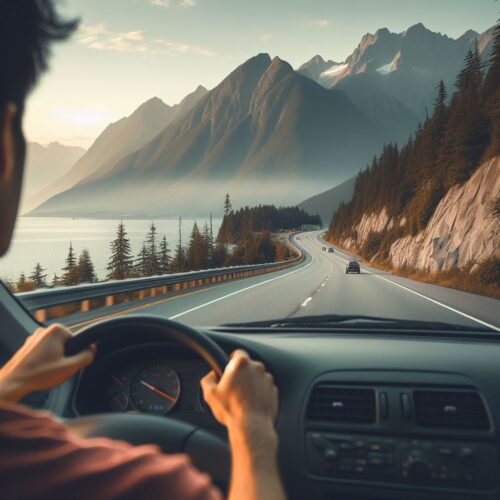 man driving down a mountain road