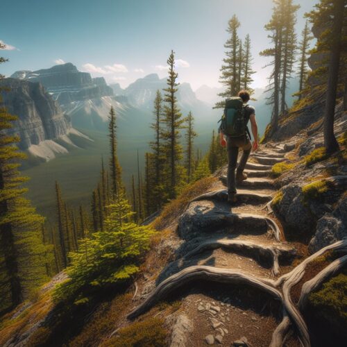 man hiking up mountainside